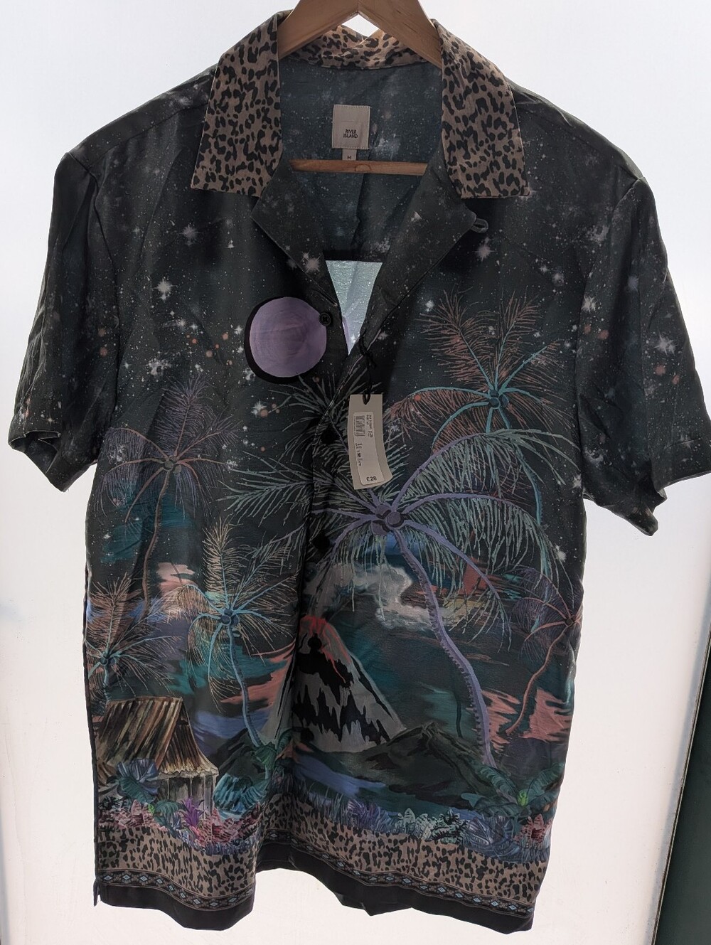 River Island Black Short-Sleeve Tropical Print Shirt Jacket with Leopard Collar